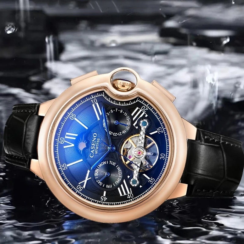 นาฬิกาผู้ชายหรูหรา Moon Phase นาฬิกากลไกอัตโนมัตินาฬิกาสัปดาห์วันที่ Tourbillon นาฬิกาสายหนังกันน้ํานาฬิกาทหารผู้ชาย