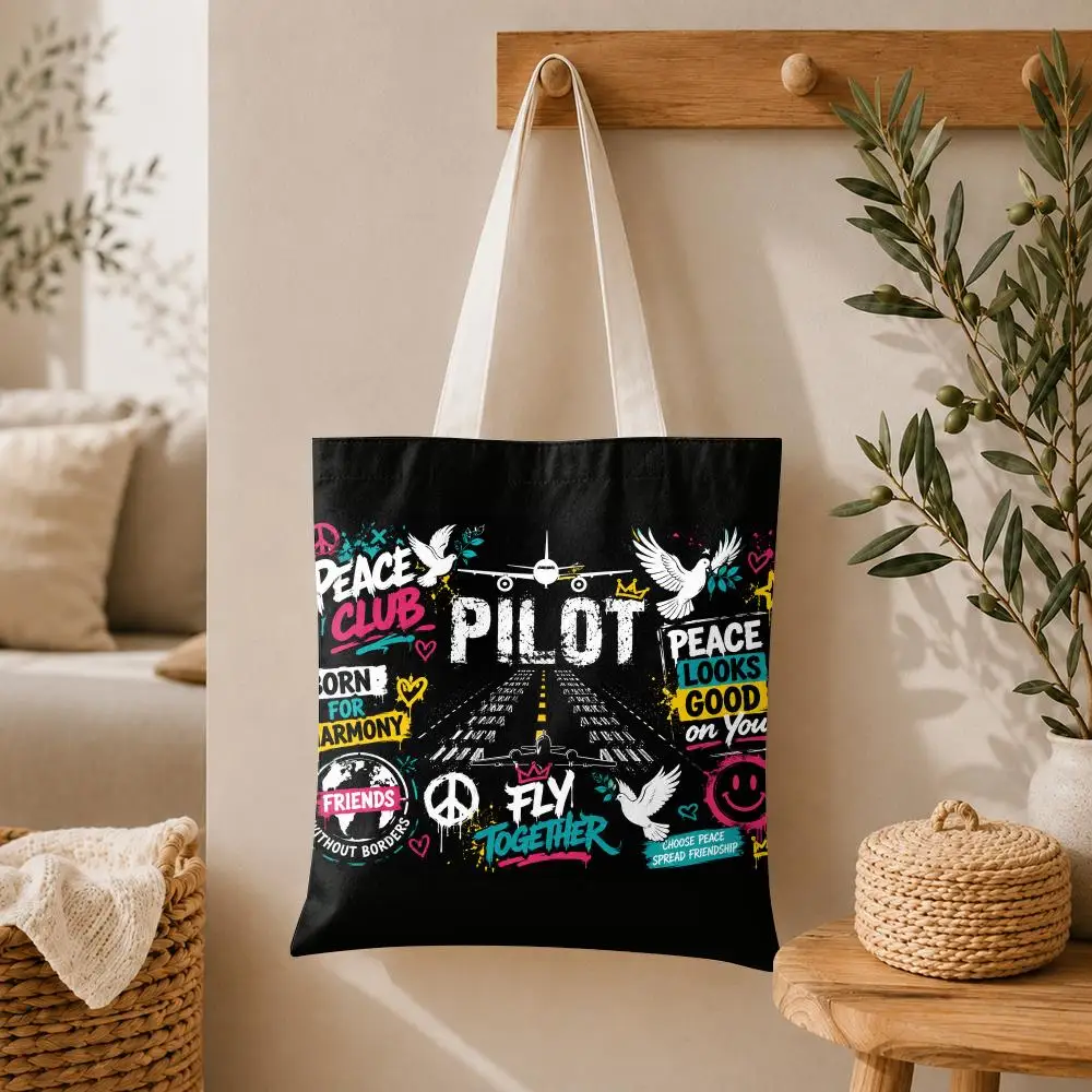Peace & Flight Design Art Storage Bags Large Capacity Canvas Tote Bag Double-Sided Print Shoulder Handbag for Daily Shopping