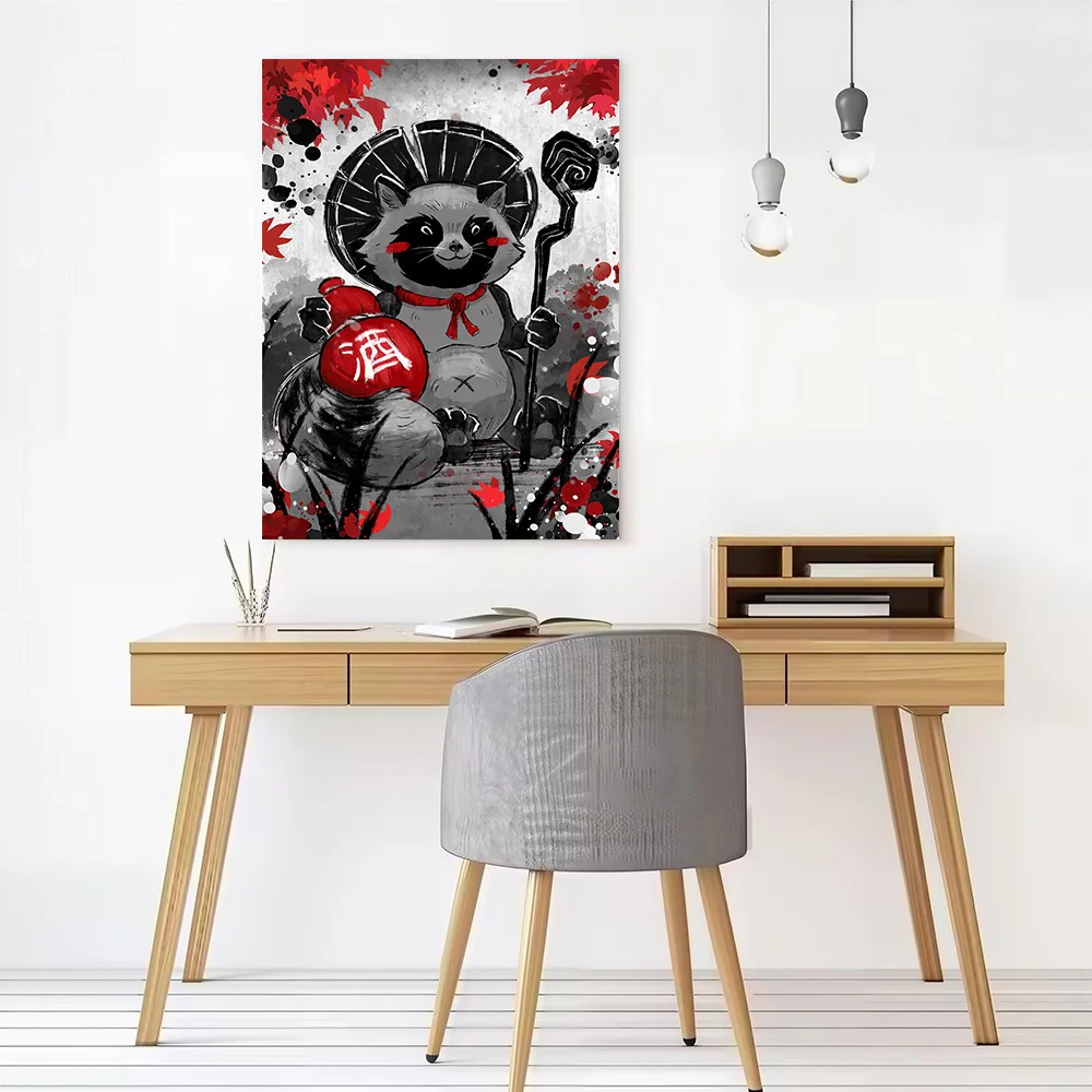 Tanuki Illustration With Sake Bottle Printed Canvas Poster Custom Pictures Wall Art Canvas Painting for Gamer Decoration Room