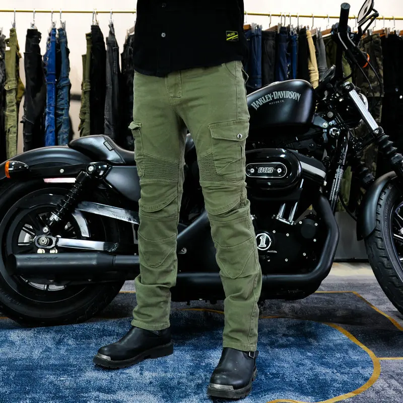 2026 Fashion Anti-Fall Motorcycle Riding Pants, Four-Season Stretch Denim Army Green Racing Trousers with Protective Gear