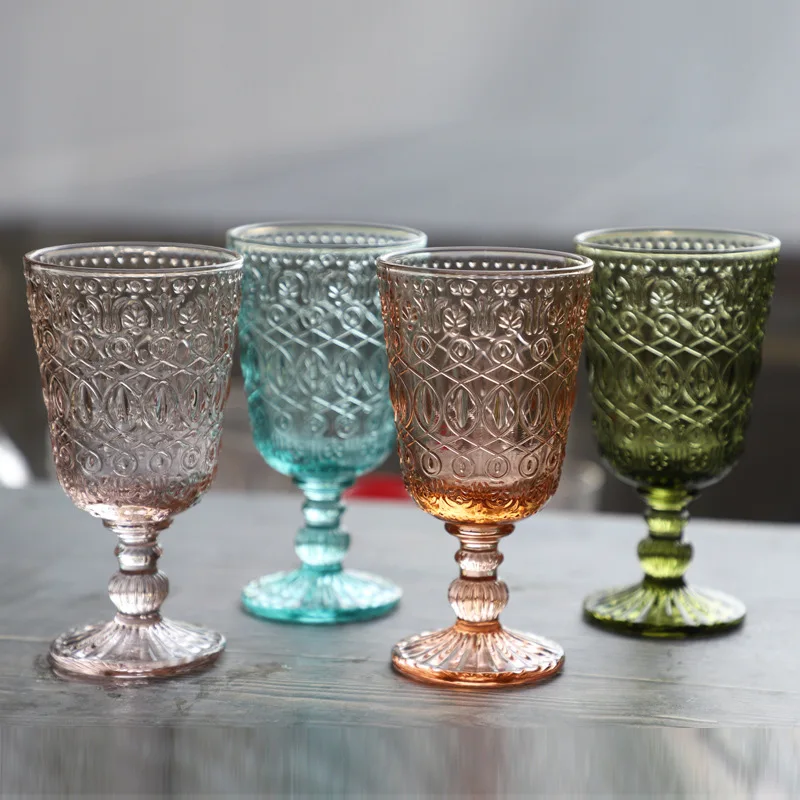 Vintage Embossed Auspicious Cloud Pattern Glass Cup, Colored Goblet, Wine Water Glass, Pressed Skyblue Green Purple, 270ml, 9oz