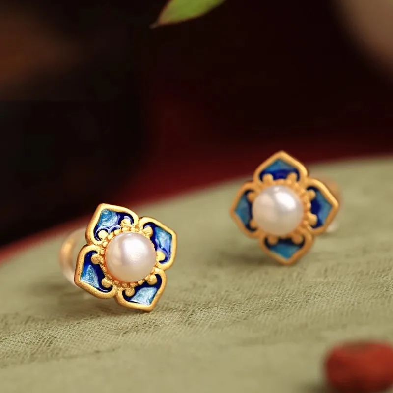 

Classical New in Chinese style Colored Enamel Flower earrings for women Charms Elegant Pearl earings stud Cheongsam Jewelry