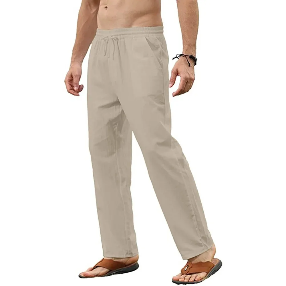 Men's Cotton Linen Pants Casual Solid Color Breathable Lightweight Drawstring Elastic Waist Vacation Style Male Classic Trousers