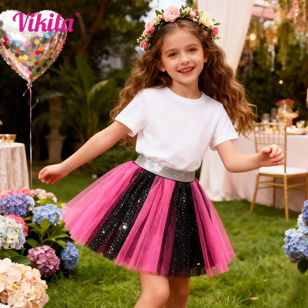 VIKITA Girls Pink Black Glitter Tutu Skirt Kids Layered Tulle Party Dance Casual Daily Skirts Girls Fashion Cute Mini Skirts