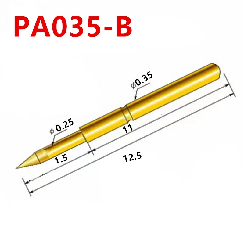 100PCS Gold-plated Spring Test Probe PA035-B Pointed Outer Diameter 0.35mm Total Length 12.5mm PCB Pogo Pin