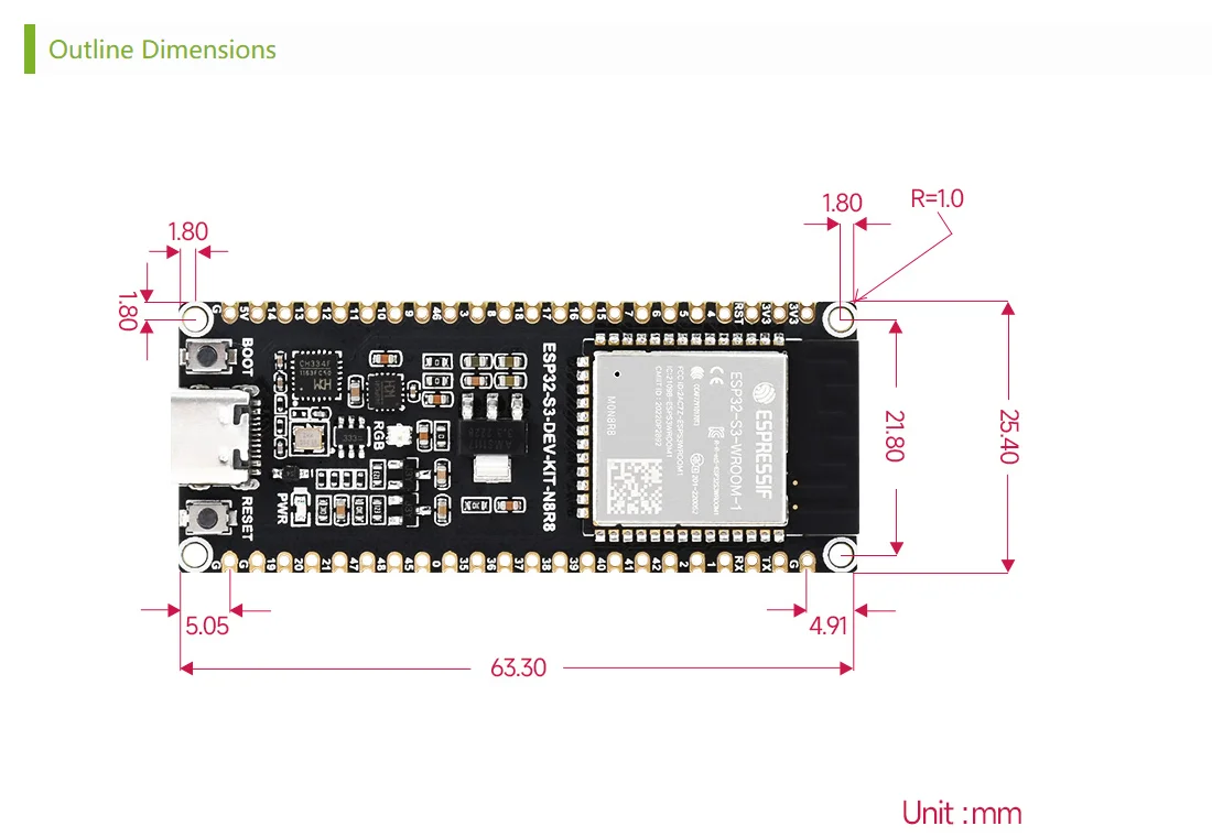 ESP32-S3 Mikro controller 2,4 GHz Wi-Fi-Entwicklungs platine 240MHz Dual-Core-Prozessor ESP32-S3-Wroom-1-N8R8 modul – Detail 5