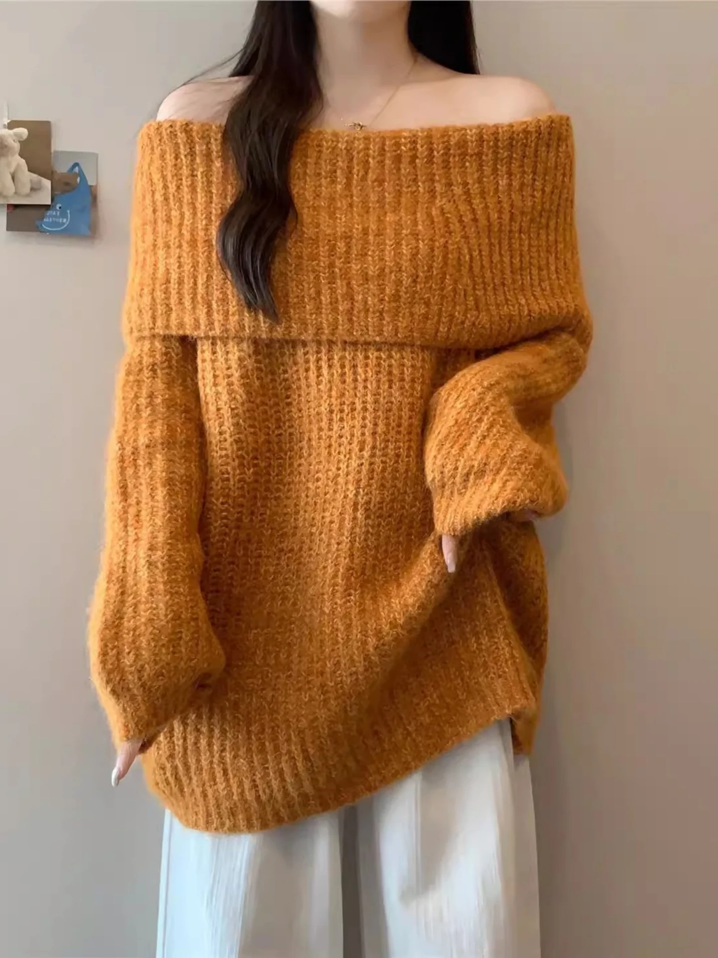 

Sli Loose Long Sve Knitted Sweater Women's oulder Bared Autumn Winter plus Size Comfortable Casual High End Feeling Top