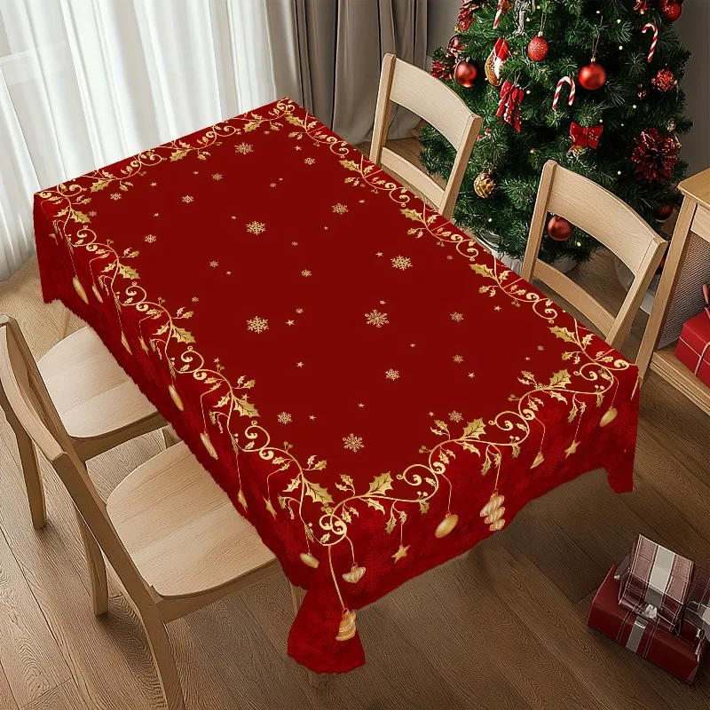 VIKAMA Red Golden Christmas Rectangular Tablecloth Holly Snowflake Print Waterproof Table Cover Xmas Family Party Decor