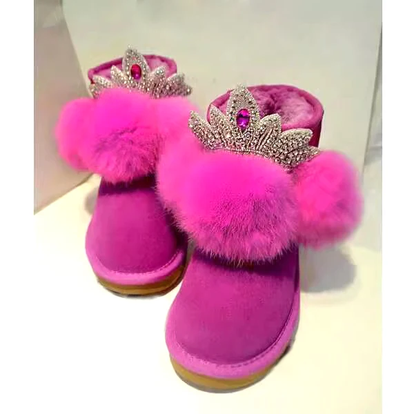 New Big Rabbit Fur Ball with Rhinestone Crown Flats Snow Boots Round Toe Purple Fuchsia Cow Suede Pompon Winter Warm Boots