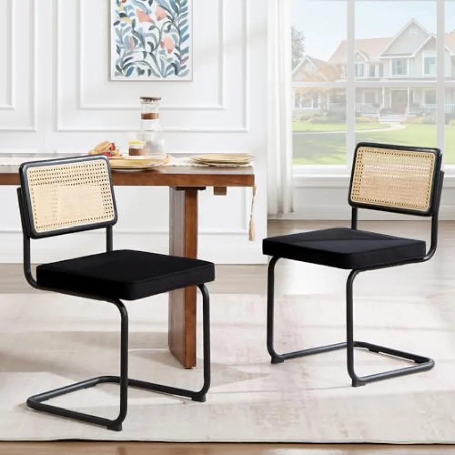 

Natural Rattan Dining Chairs Set of 2 Modern Dining Room Chairs with Solid Wood Back for Kitchen Living Room Mid Century Breuer