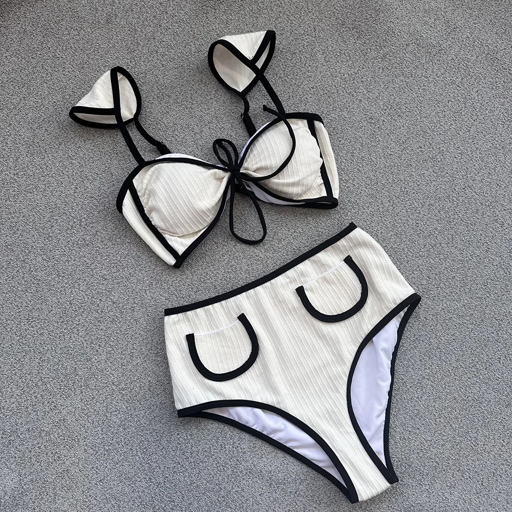 

Ribbed Bikini Swimwear Women High Waist Swimsuit Bandage Bikini Set High Cut Swimwear biquini High Waist Beach Wear Swim