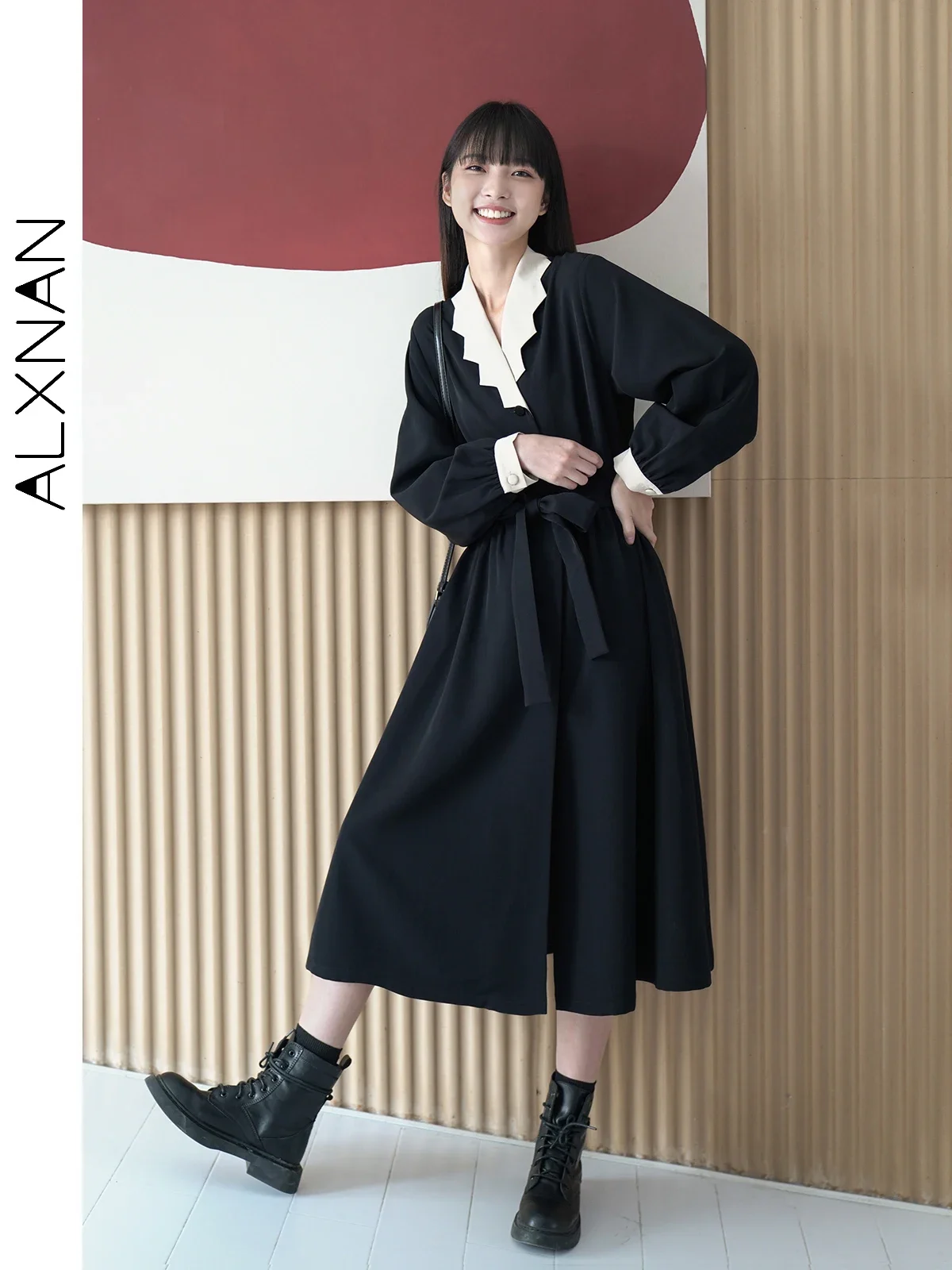 

ALXNAN Autumn Patchwork A-line Midi Dress for Women 2024 French Style Black V-neck High Waisted Long Sleeve Dresses LXN13806