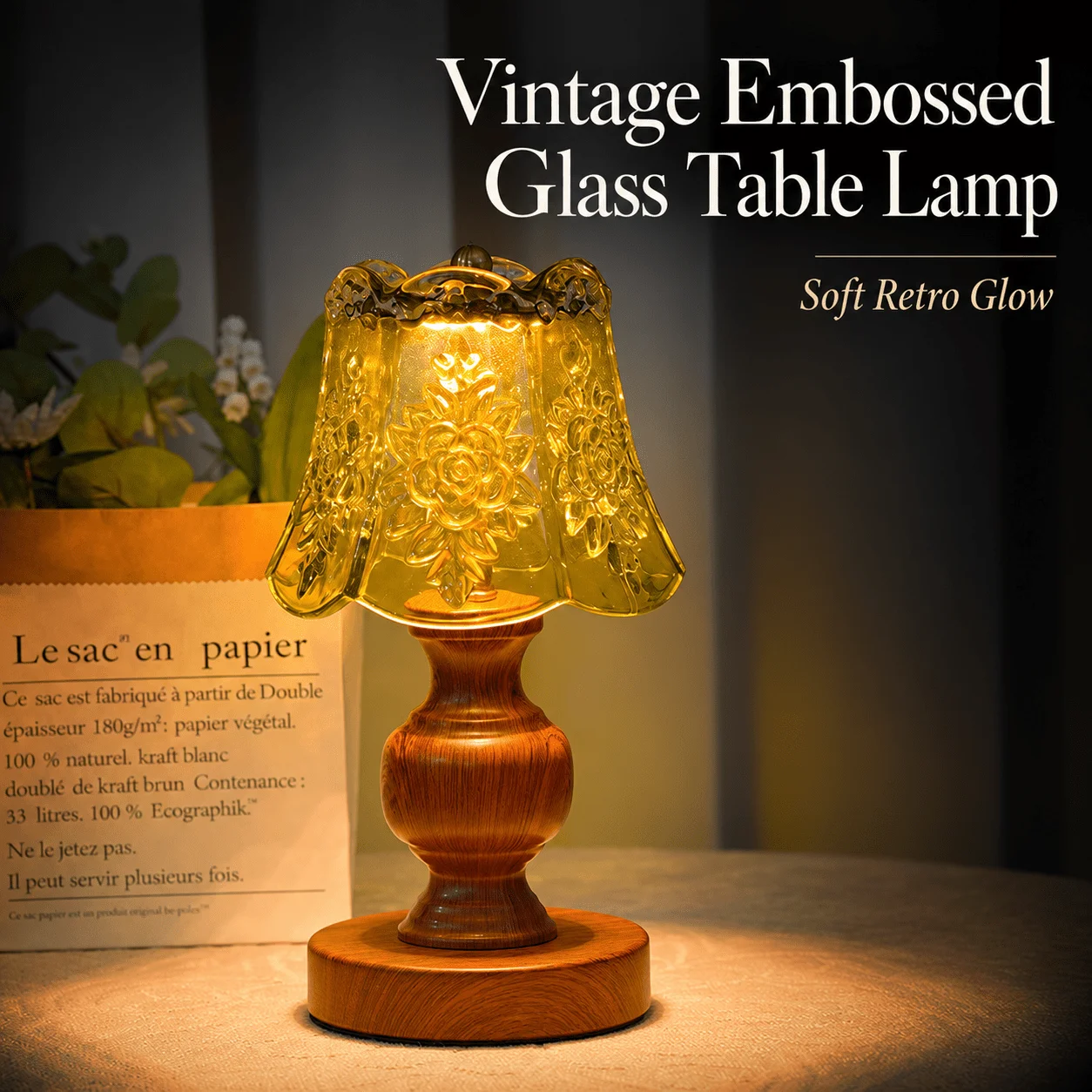 Persun Walnut Wood Tone Retro Glass Table Lamp Glass Lampshade Amber Horizontal Pattern Vintage Glass Night light