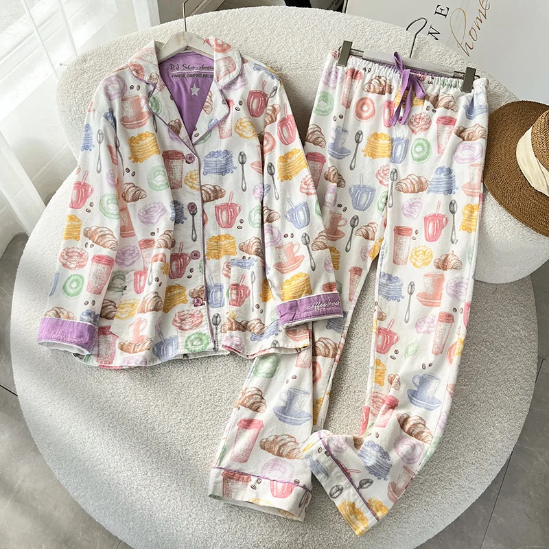 Female Comfy Cotton Pajamas Set Loungewear 2PCS Cartoon Long Sleeve Trouser Suits Nightwear Loose Pijamas Suit Lounge Wear PJS