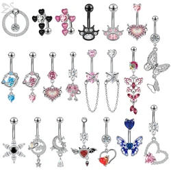ZS 1 Piece Heart Shape 14G Stainless Steel Belly Button Ring Pink CZ Crystal Navel Piercings Barbell Body Piercing Jewelry 10MM