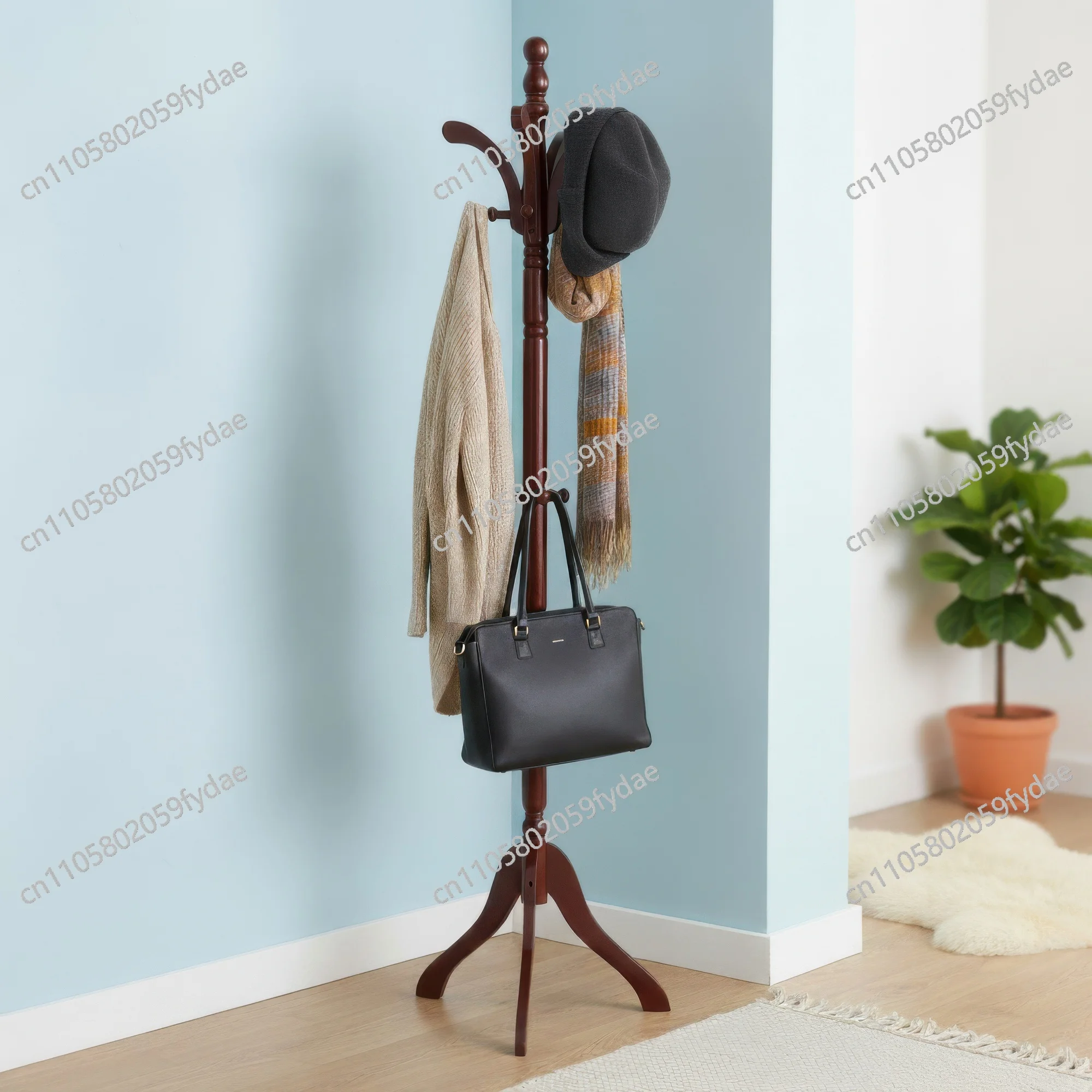 Solid Birch Wood Coat Racks Stand Floor Standing Hanger Rack with Tripod Base for Purse Clothes Hat Umbrella Jacket Coat
