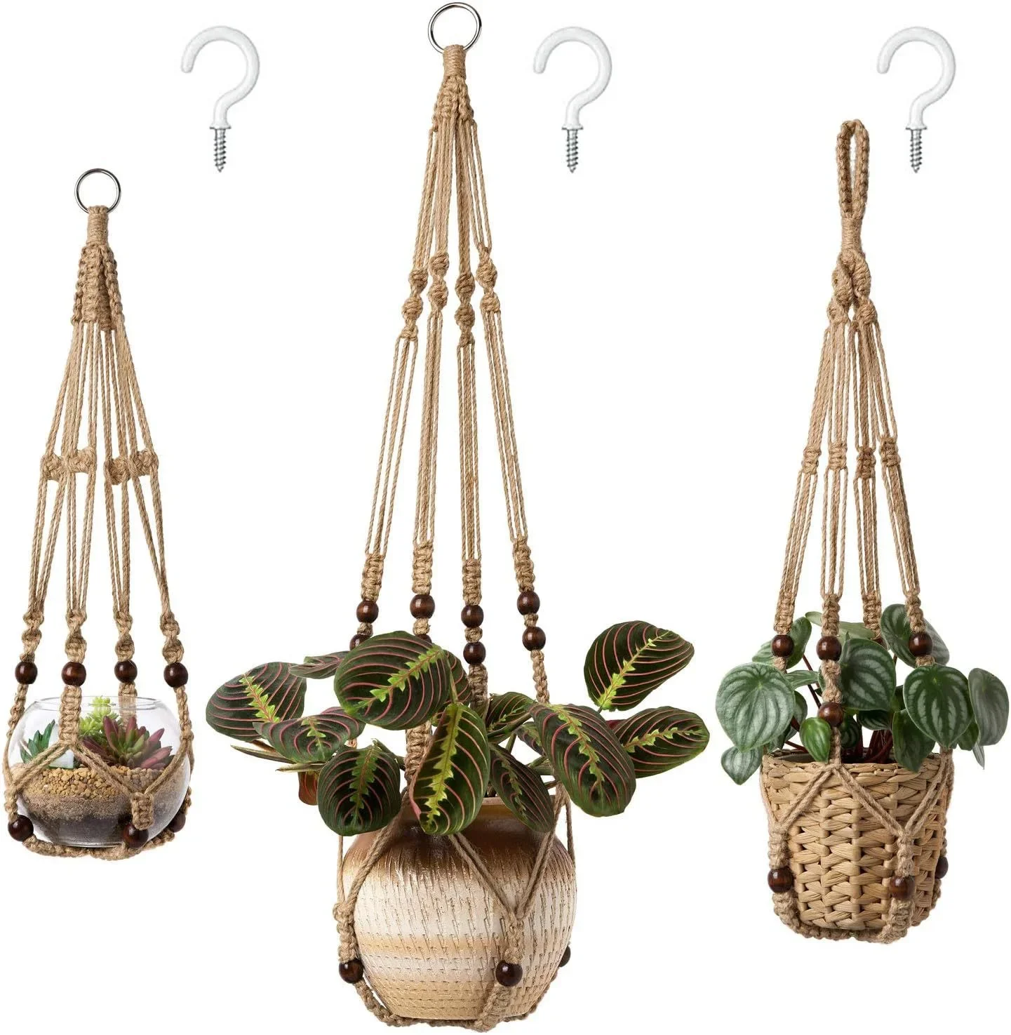 Boho Nordic Macrame Plant Hanger Set, Hand‑Woven Cotton Rope Hanging Planter Basket, Indoor Home Wall Decor, 3‑Size Combo