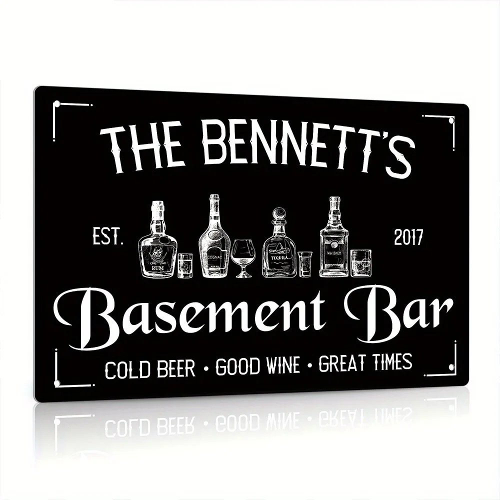 Personalized Basement Bar Metal Sign - Custom Name & Year, Decorative Wall Art for Home Bars,12x8 Inches,Corded Beer& Wine Theme
