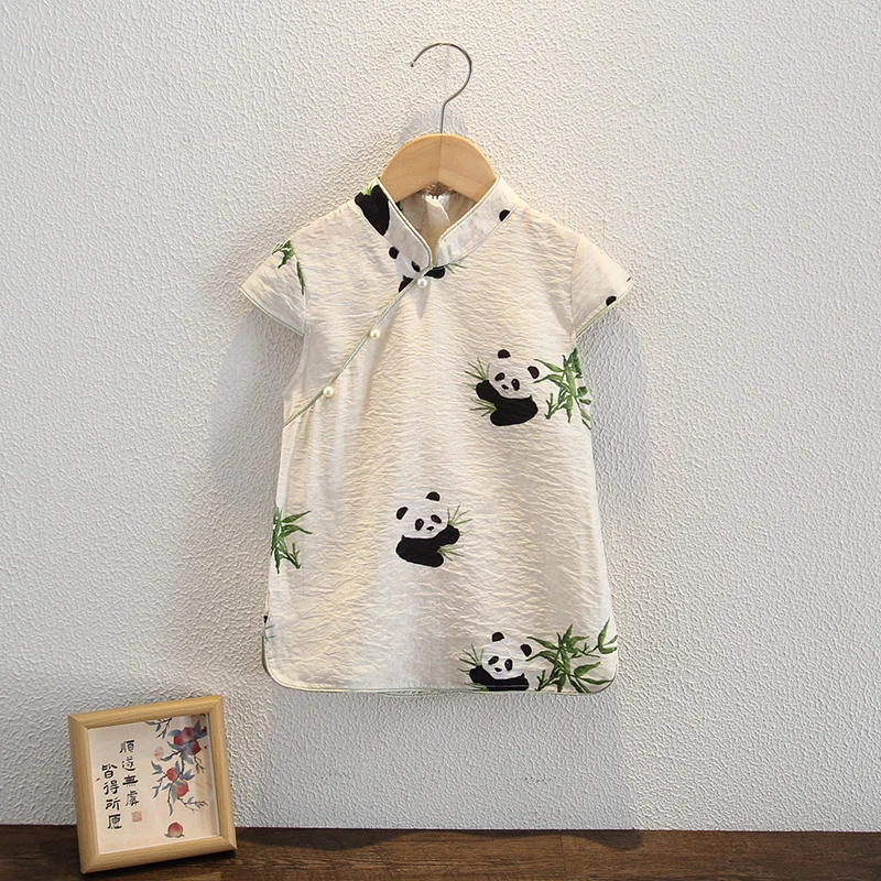 Summer Girl 2024 White Fashion Casual Print Panda Sleeveless Cheongsam Dress 1-7 Years Old