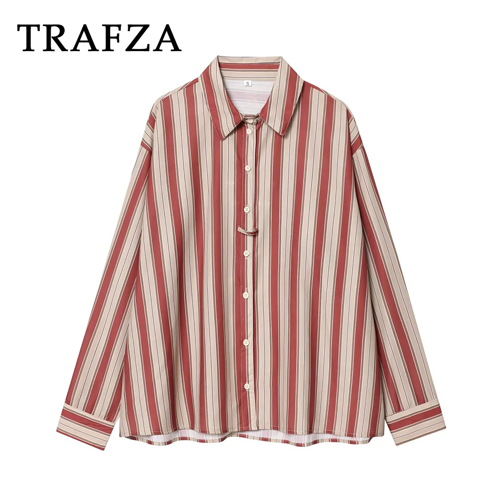 

TRAFZA 2025 Chic Casual Orange Striped Women Shirt Loose Button Sashes Streetwear Turn-down Collar Elegant Vintage Female Shirt