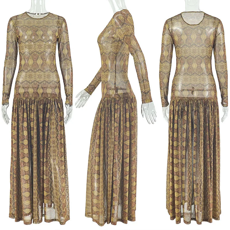 Sukienki maxi w stylu vintage z długim rękawem, rozkloszowane, damskie ubrania na jesień, siateczkowe, prześwitujące, z dekoltem typu O, elastyczne, na imprezę, do klubu nocnego, długa sukienka.