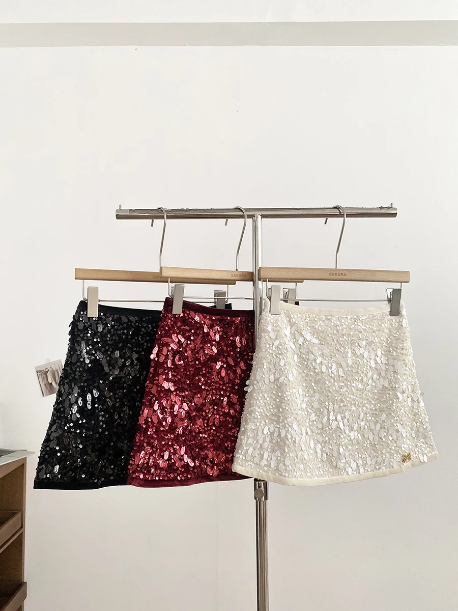 Spring 2026 Retro Heavy Embellished Glitter Half Skirt Women's Slim Fit A-Line Skirt Commute High Waist Polyester Fiber