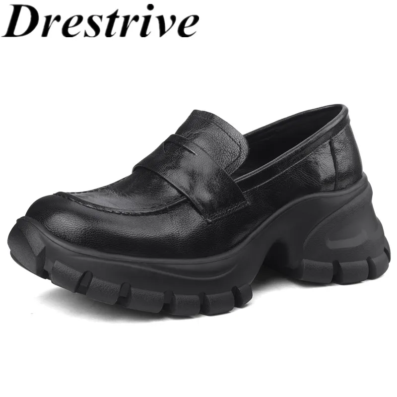 

Drestrive 2025 Classic Loafers Sheepskin Round Toe Thick High Heels Handmade Women's Pumps Slip On Shallow Top Quality