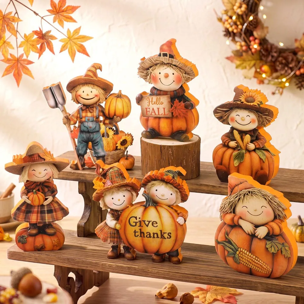 New autumn scarecrow wooden desktop ornament Thanksgiving pumpkin maple leaf dining table fireplace decoration holiday gift