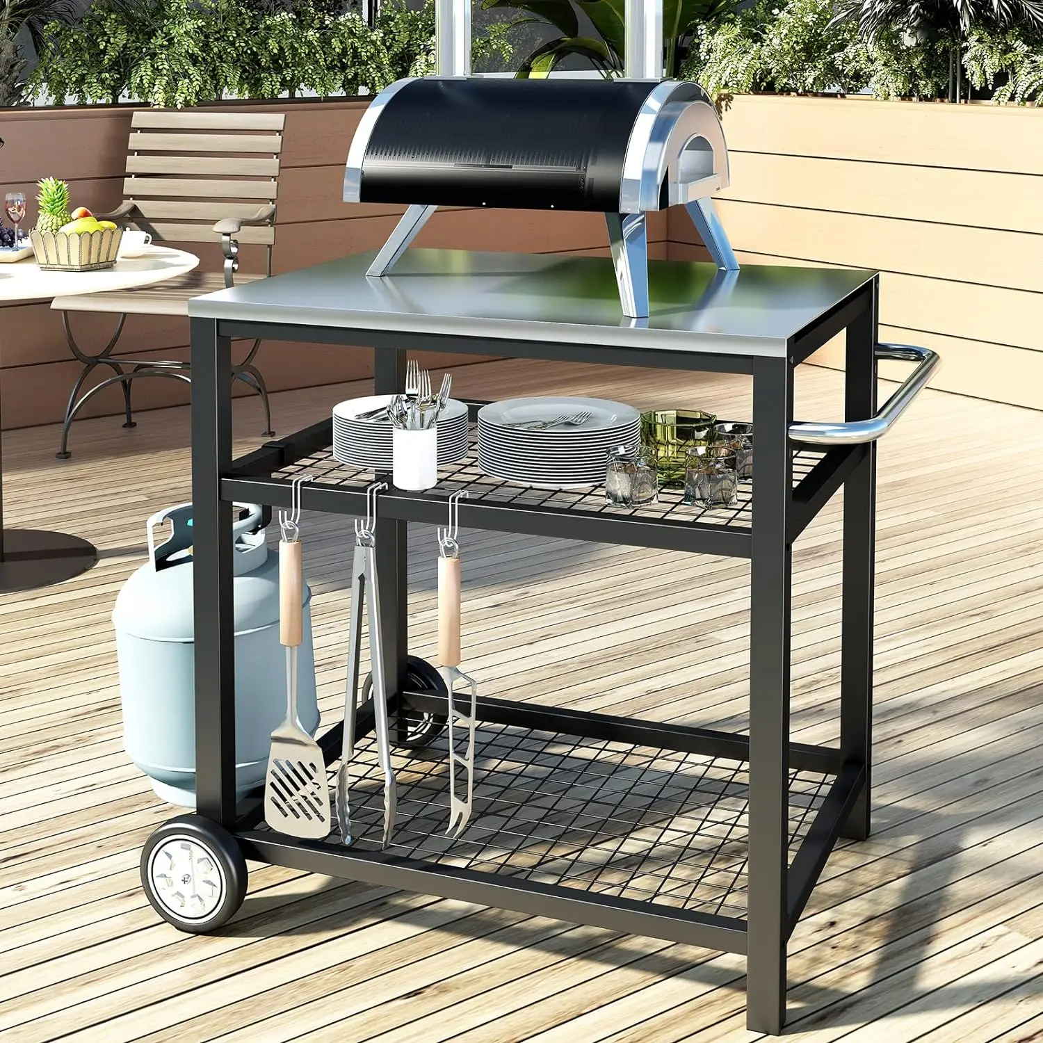 Bewegliche Lebensmittel zubereitung und Arbeits wagen Tisch Edelstahl Grill wagen modularer Tisch mit Rädern und Griff Doppel regal kommerziell