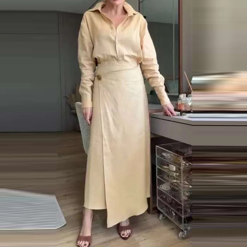 

Office Ladies Laple Shirt + Half Skirt Spring Suit Simple Solid Color Single Breasted Loose Set Casual Street Long Sleeve Outfit