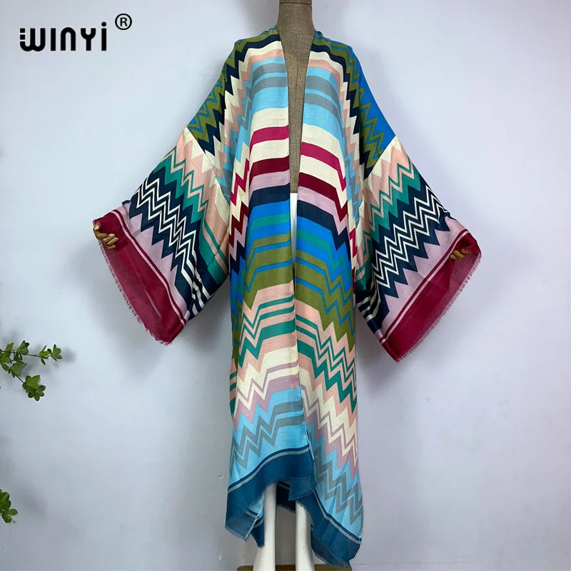 WINYI-Vestido de quimono manga comprida, Encobrimento de praia, Bikini Boho Print, Cardigan elegante, Vestido de férias sexy, Vestido de férias de verão