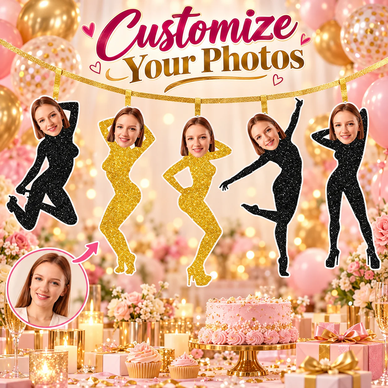 Custom Photo Black Gold Glitter Bunting Personalized Paper Pennant Banner Sparkle Flag Garland for Women Birthday Party Decor