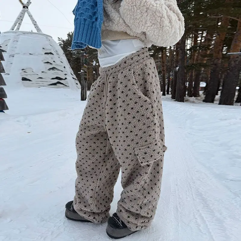 

Deeptown Vintage Polka Dot Women Lamb Wool Pants Embroidery Wide Leg American Style Straight Fleece Trousers Baggy Thick Winter