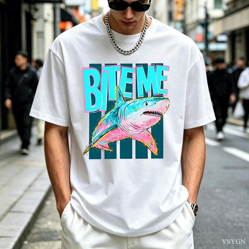 Bite Me T Shirt Men Women Funny Summer Beach Shark Trendy Tshirt Causal Round Neck Printed Graphic T Shirts Cotton Unisex Tops