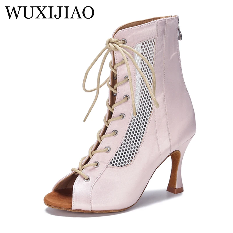 Lace up Hollow out Dance Boots Jazz Dance Short Boots Breathable Mesh High top Dance Shoes for Women Latin dance