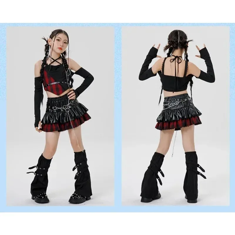 

Корейский сценический наряд Ive K-pop, детская концертная одежда, уличная танцевальная одежда в стиле хип-хоп, костюм для выступлений, черный топ, юбка-тортик Y2K