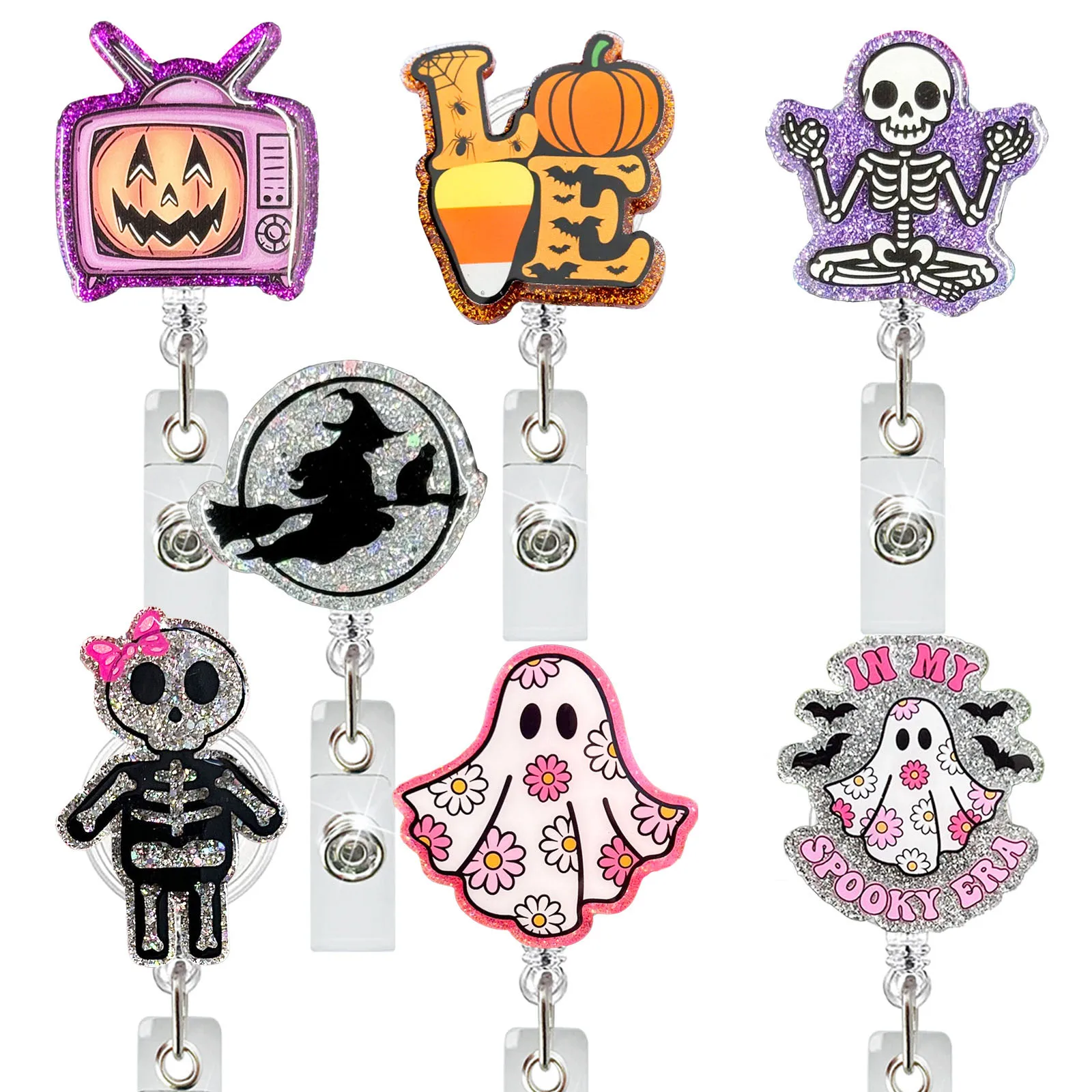 Halloween Themed Retractable ID Badge Reel Funny Glitter Acrylic ID Badge Holder for Staff and Halloween Enthusiasts