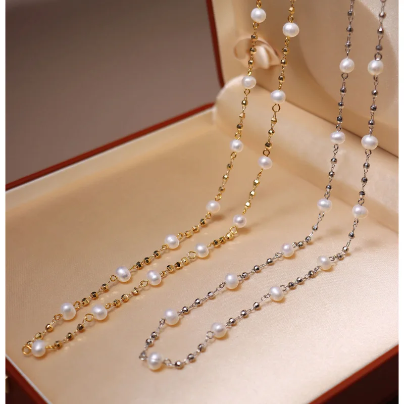 Natural Freshwater Pearl Long Sweater Chain Silver Plated Thin Chain for Women Classic Simple Stacking Commuting Neck Jewelry