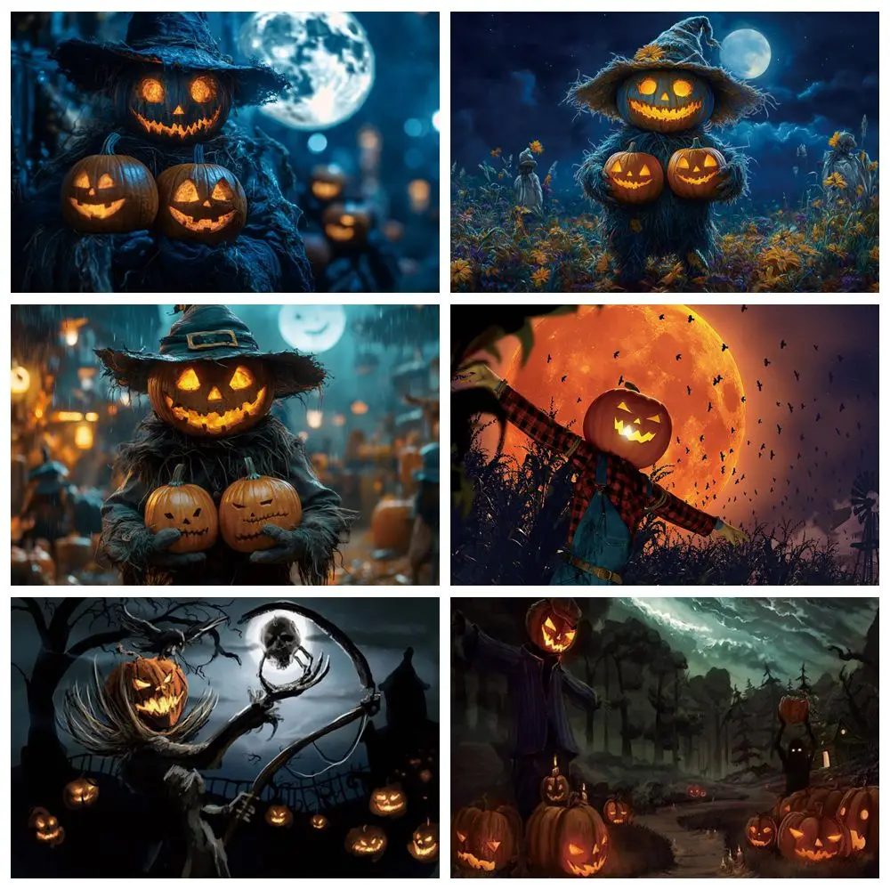 

Halloween Scarecrow Backdrop Dark Night Pumpkin Lanterns Kids Portrait Family Party Photography Background Decor Banner Props