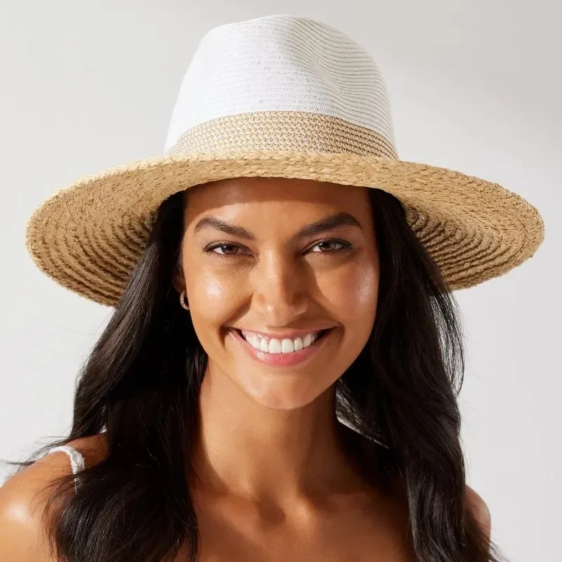 Summer Lafite Grass Spliced Fashion Sunshade Straw Hat Womens Wide Brim Jazz Beach Hat Holiday UV Protection Sunscreen Sun Hat