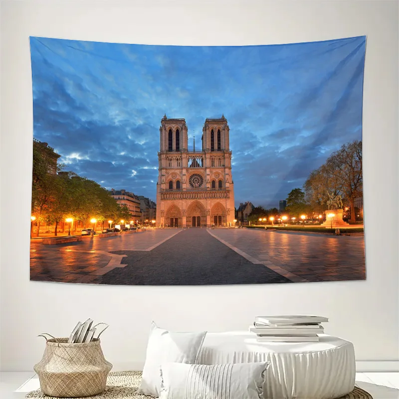 Romantic Paris Notre Dame Cathedral Wall Tapestry Canvas Art Decor Print Blue Hour French Cityscape Home Living Room Decoration