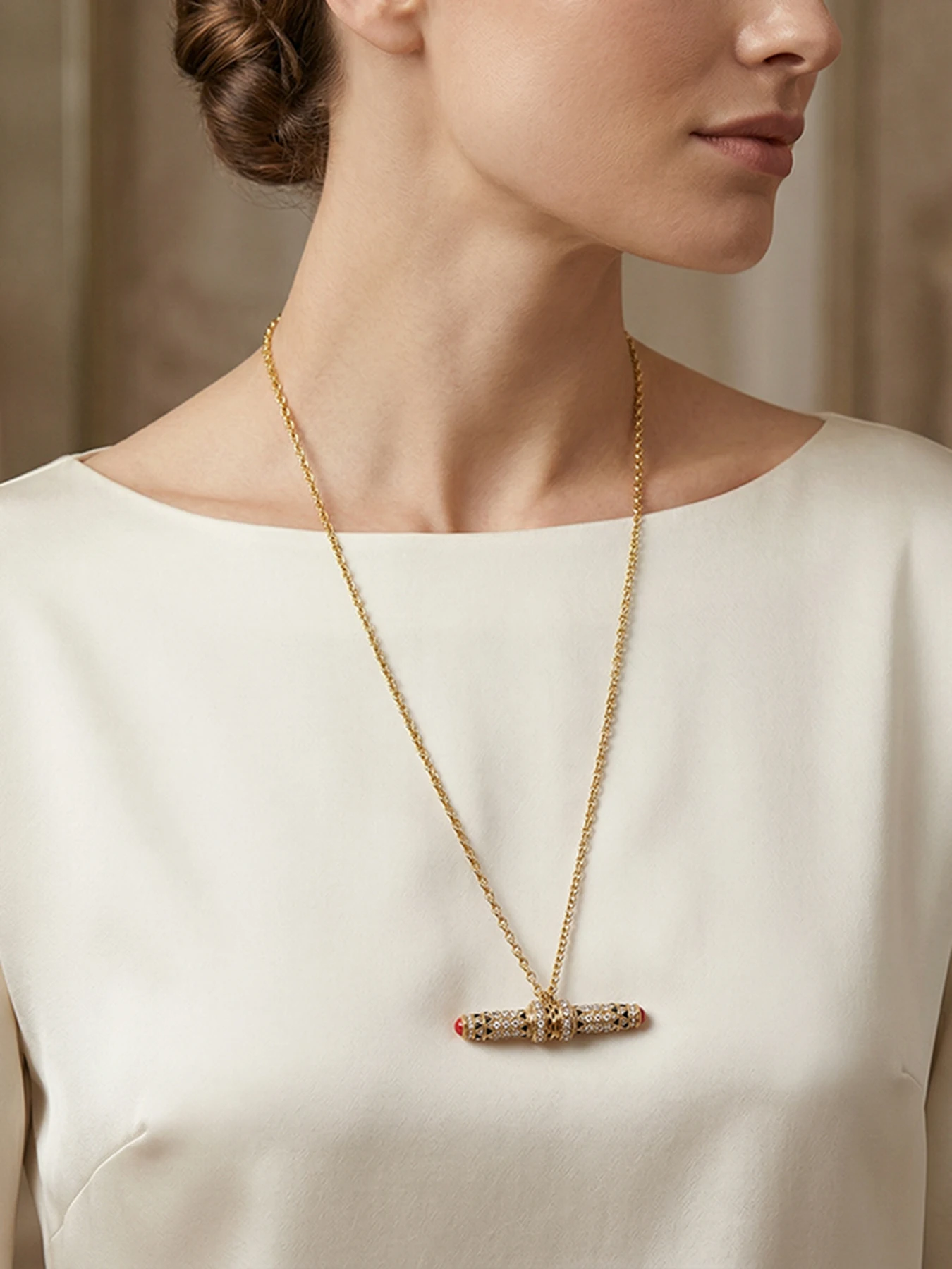 Vintage Art Style T-Shaped Column Crystal Long Necklace, Handmade Antique Reproduction Jewelry for Elegant Women