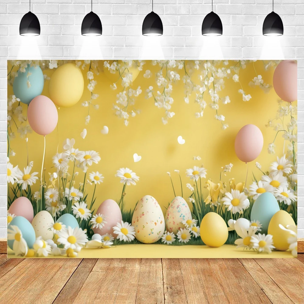 Happy Easter Day Photography Backdrop Daisy Flowers Eggs Balloons Yellow Wall Interior Baby Shower Portrait Photocall Background