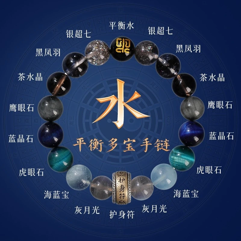 Five Elements Hydrating Replenishing, Multi-Treasure Bracelet Men and Women, Amulet with Aquamarine f