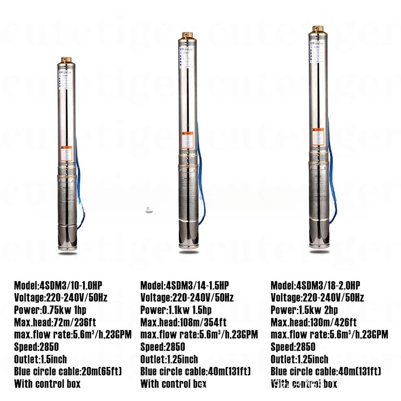 20M Cable + Contrl Box for Garden Home Agricultural Irrigation, 4 Inch 0.75KW Deep Well Pump 1HP 6500L/H Submersible Pump