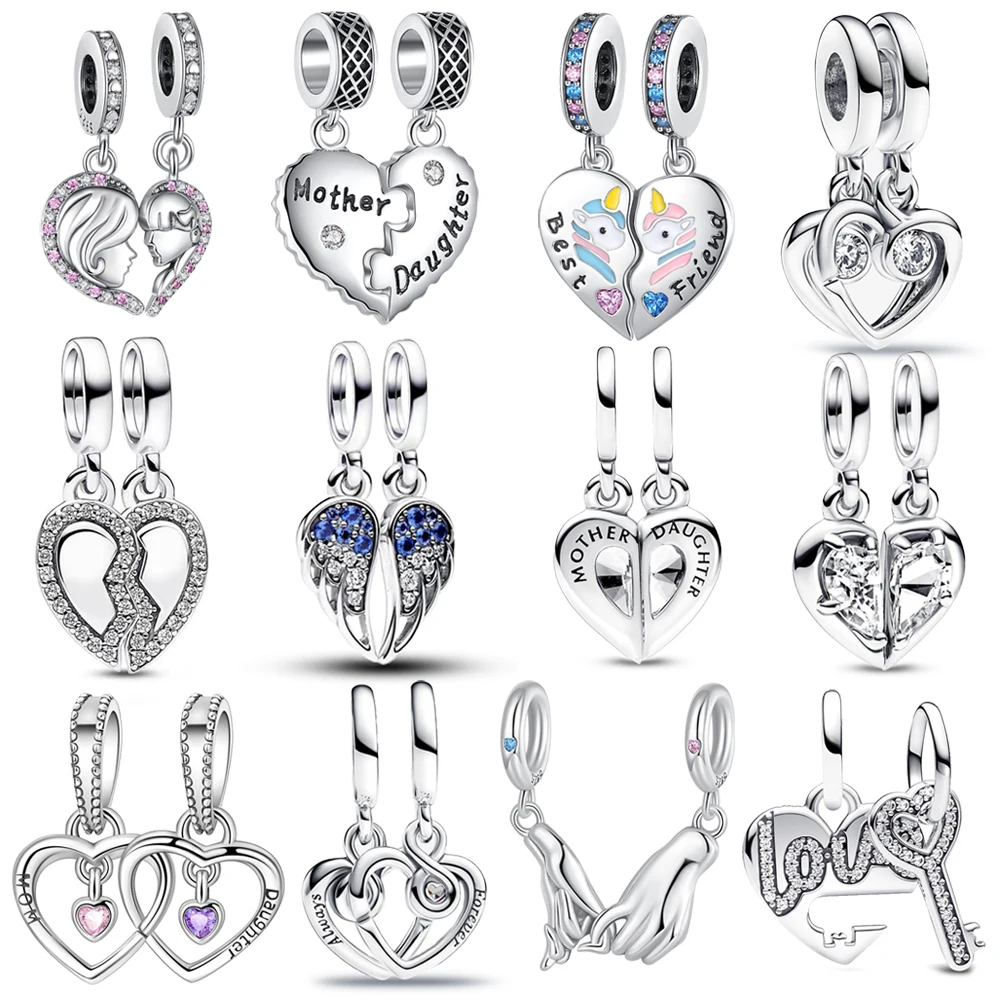 Sweet 925 Sterling Silver Double Love Heart Split Charm Fit Original Bracelet Linked Mother & Daughter Charms DIY Jewelry