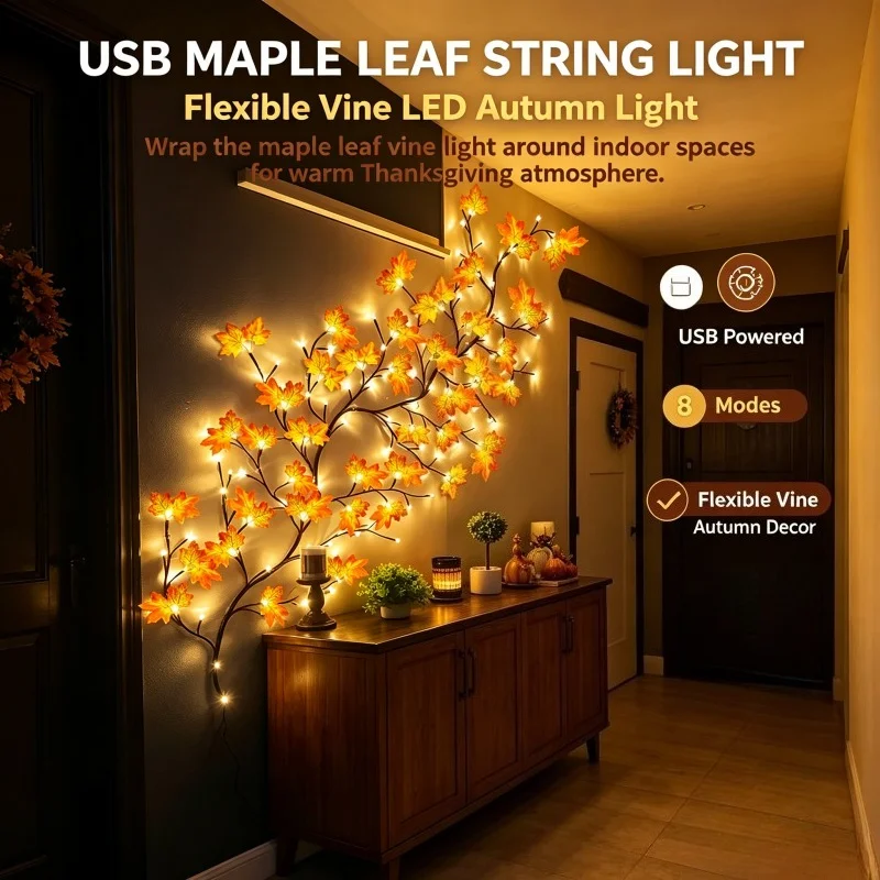 USB Maple Leaf Branch Wreath LED Autumn String Light Flexible Vine 8 Lighting Modes Suitable for Indoor Thanksgiving Decoration