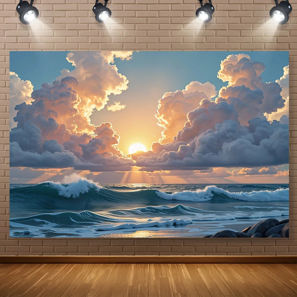 1pc Stunning Blue Ocean Waves Tapestry - Vibrant Sunset Cloud Design, Polyester Party  for Home Decor, Weddings, Birthdays view 2