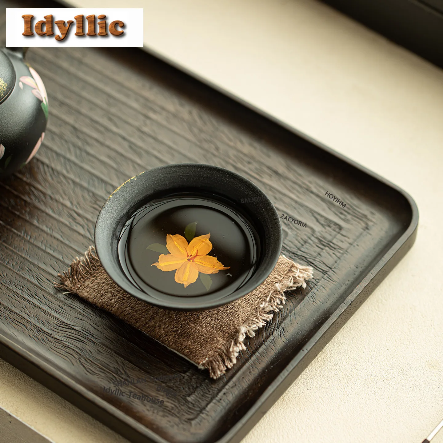 HOYIHM 60ml Gold Drawing Black Pottery Lily Teacup Japanese Tea Bowl Tea Cup Set Tea-tasting Fragrance Cup Jianzhan Master Cups