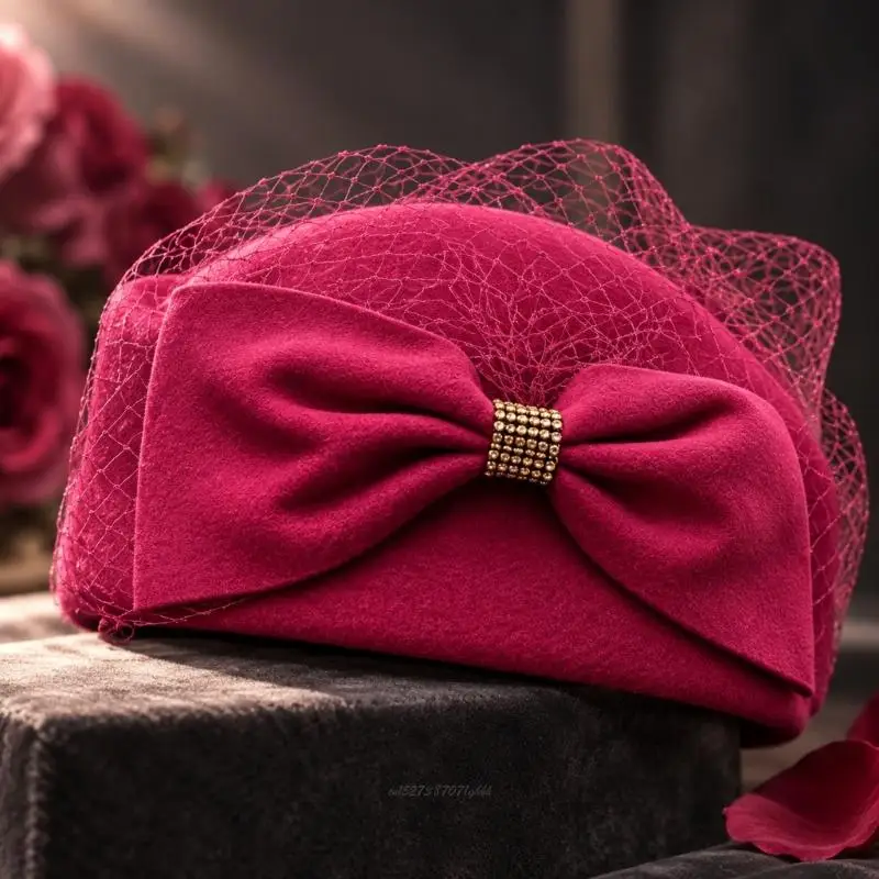 X5XA Pillbox Cap Formal Hat with Front Bowknot and Mesh Veil Accent for Cocktail Party